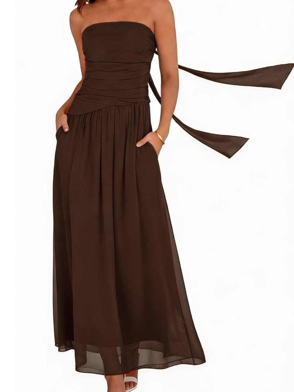 Strapless Taupe Ruched Midi Dress with Scarf